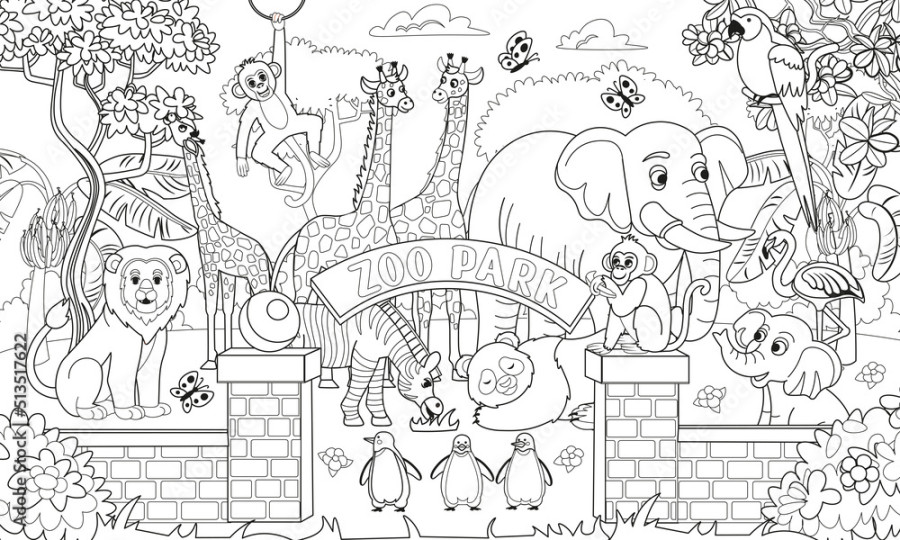 Big coloring book with zoo animals. Zoo animals set