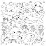 Coloring Page With Sea Animals. Cute Cartoon Characters Set