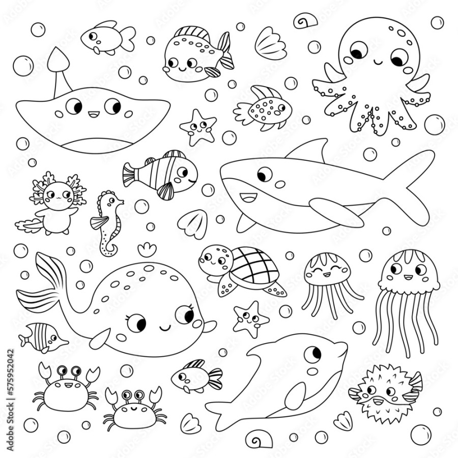 Coloring page with sea animals. Cute cartoon characters set