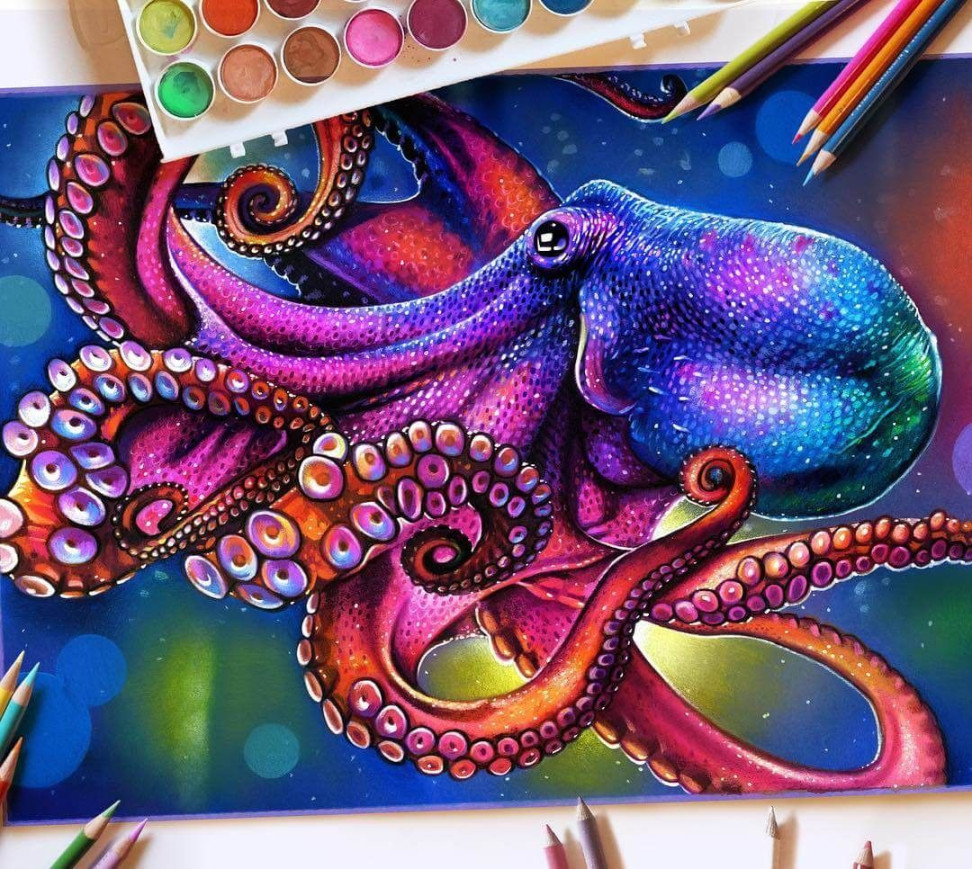 Glowing Colorful Drawings  Octopus drawing, Octopus painting