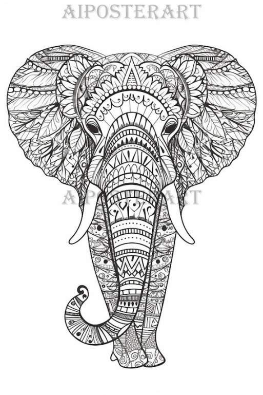 Mandala Style Elephant Coloring Page for Adults - Printable Coloring Sheet  - Advanced Coloring - Patterned Elephant - High Res, x