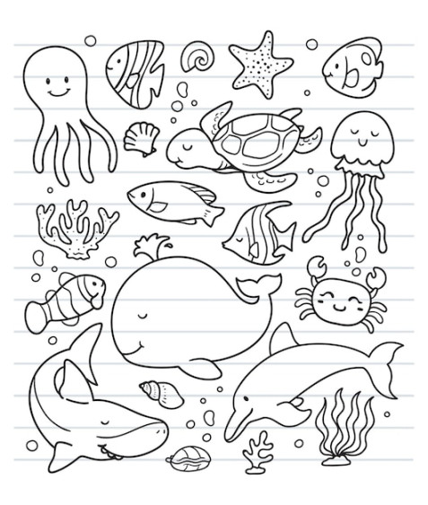 Ocean animals coloring pages printable Vectors & Illustrations for