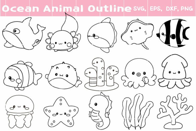 Ocean Animals, Silhouette, Outline,Coloring page